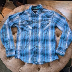 Wrangler Western Snap Button Shirt Blue Plaid Long Sleeve Cowboy Medium Cotton